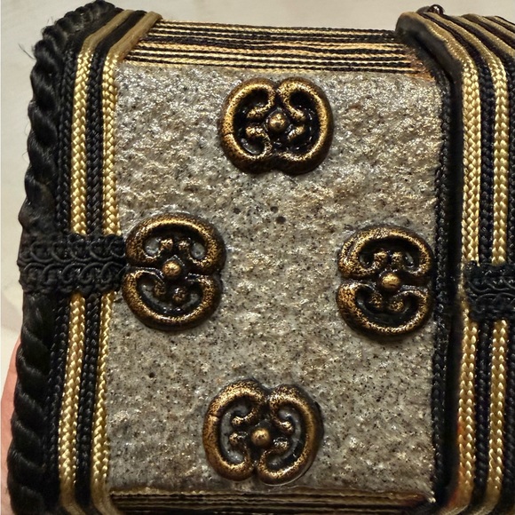 Vintage Mary Frances Handcrafted Box Minaudiere Black Gold Beaded Chain Tassel - Picture 10 of 16